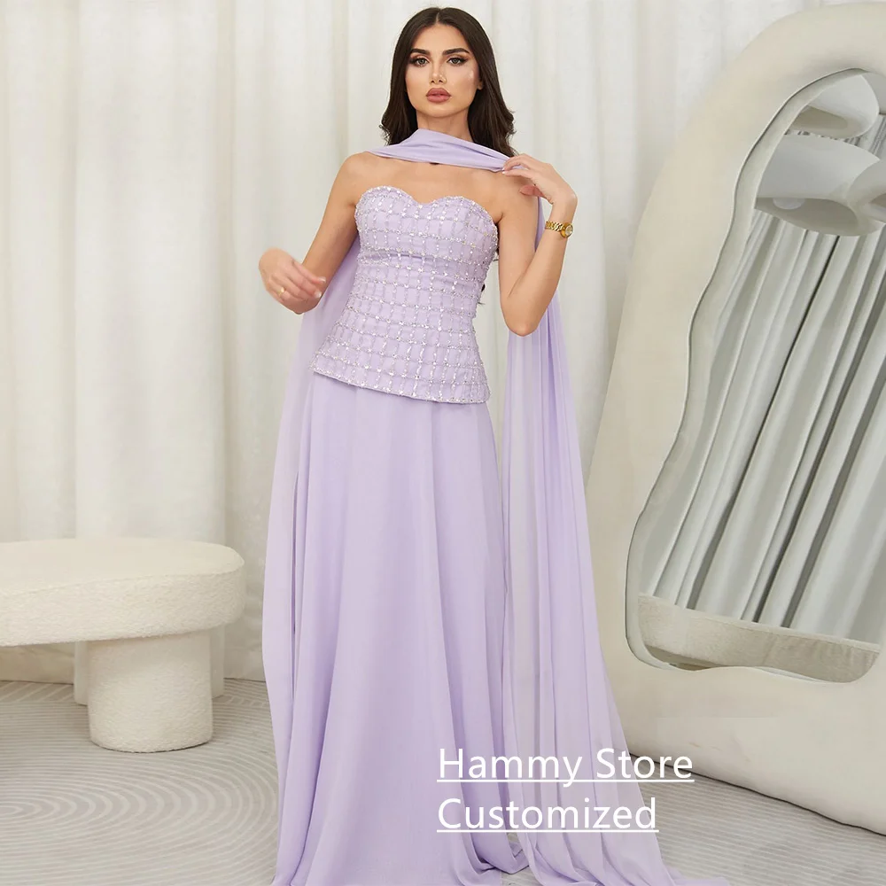 

Lilac Evening Dress with Shawl Customized Sweetheart Sleeveless Sequined Two Pieces Prom Gown Chiffon Party Dresses