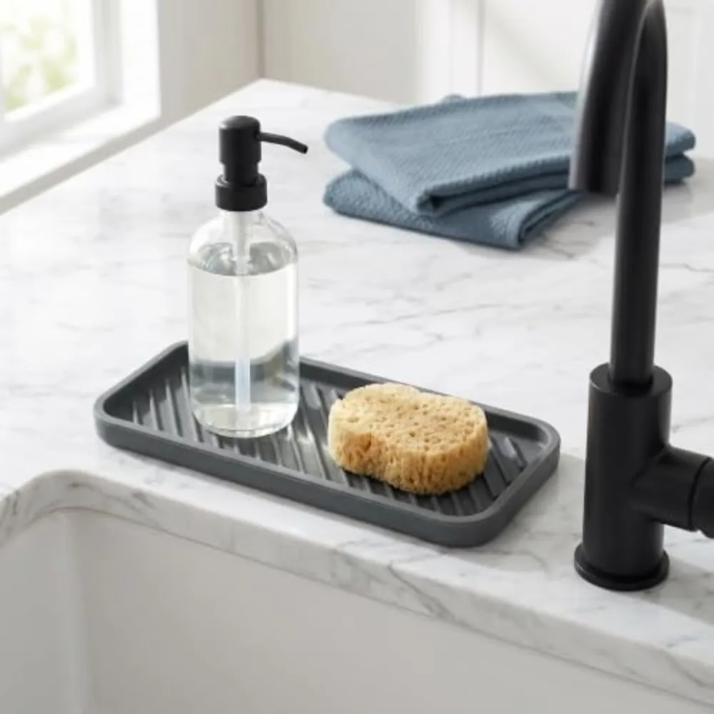 Silicone Sink Protector Mat Non-Slip Striped Texture Storage Tray Countertop Organizer Sink Organizer Tray Bathroom Vanity
