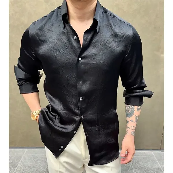 

Summer 2024 Men's Loose Fit Long Sleeve Silk Acetate Shirt Luxury Lightweight Thin Style Casual Fashionable Business Shirt