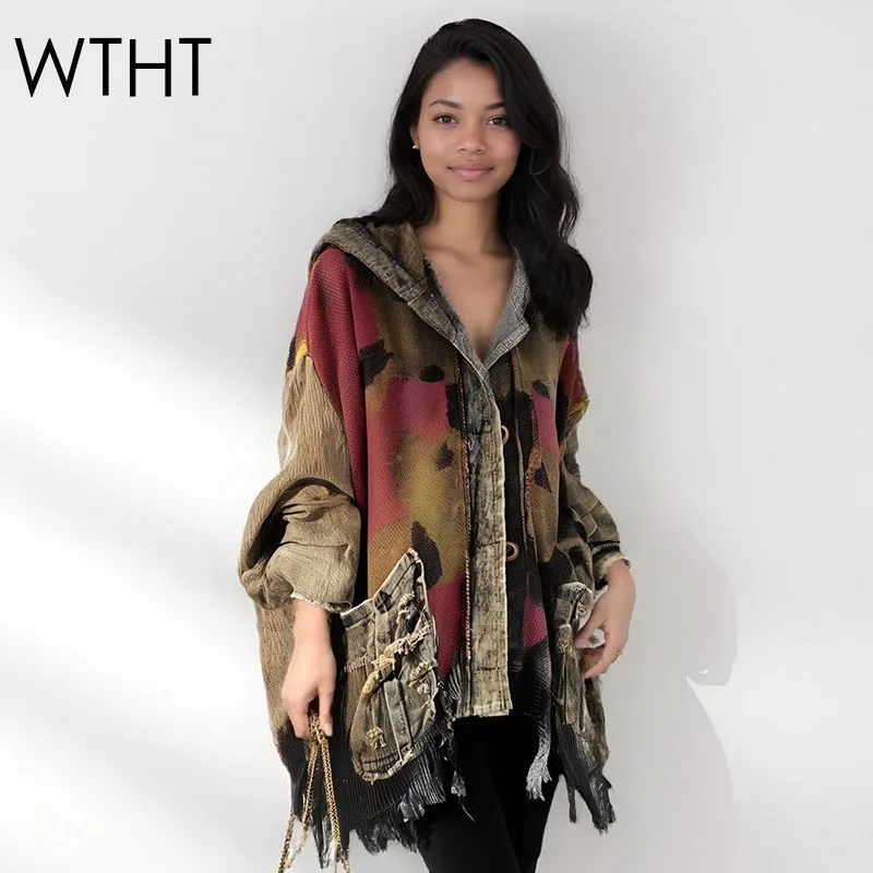 WTHT Vintage Fashion Women's Print Design Knit Spliced Denim Irregular Hoodies 2025 Long Sleeves Jacket Female 1LS2213