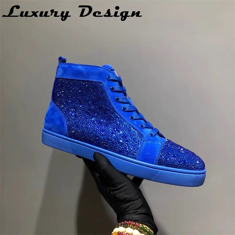 Luxury Red Bottom Shoes Accessories Shoes High Top Full Diamond Men\'s Shoes Black Suede Rhinestone Couple Models Rivet High-top