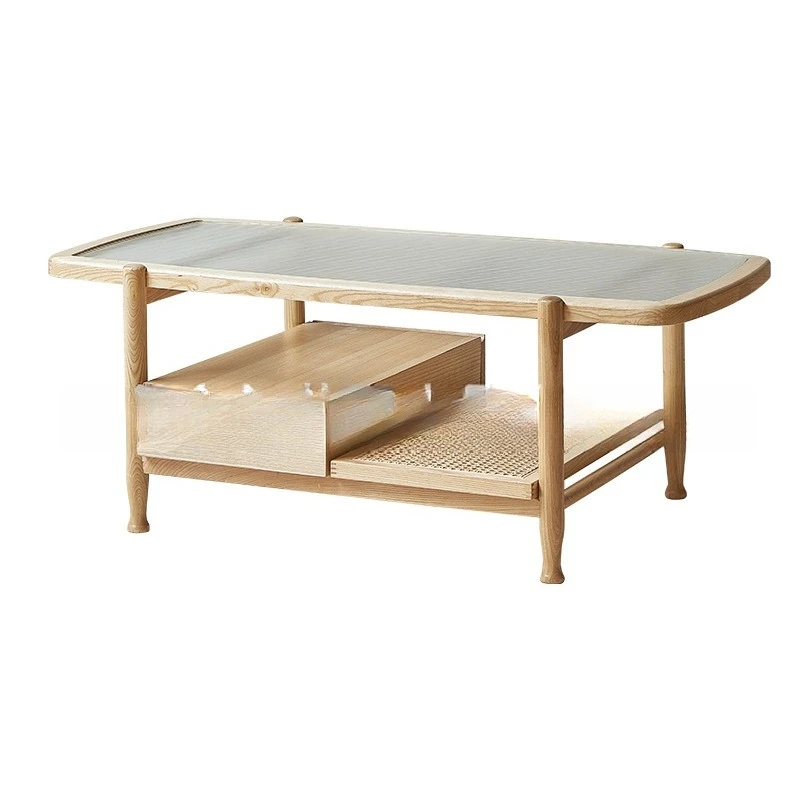 

Solid wood small apartment Changhong glass Japanese coffee table living room household rectangular rattan homestay tea table new