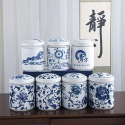 Blue and White Porcelain Jewelry Jar Cylindrical Ceramic Tea Coffee Bean Sealed Jar Mask Medicine Powder Bottle Home Container