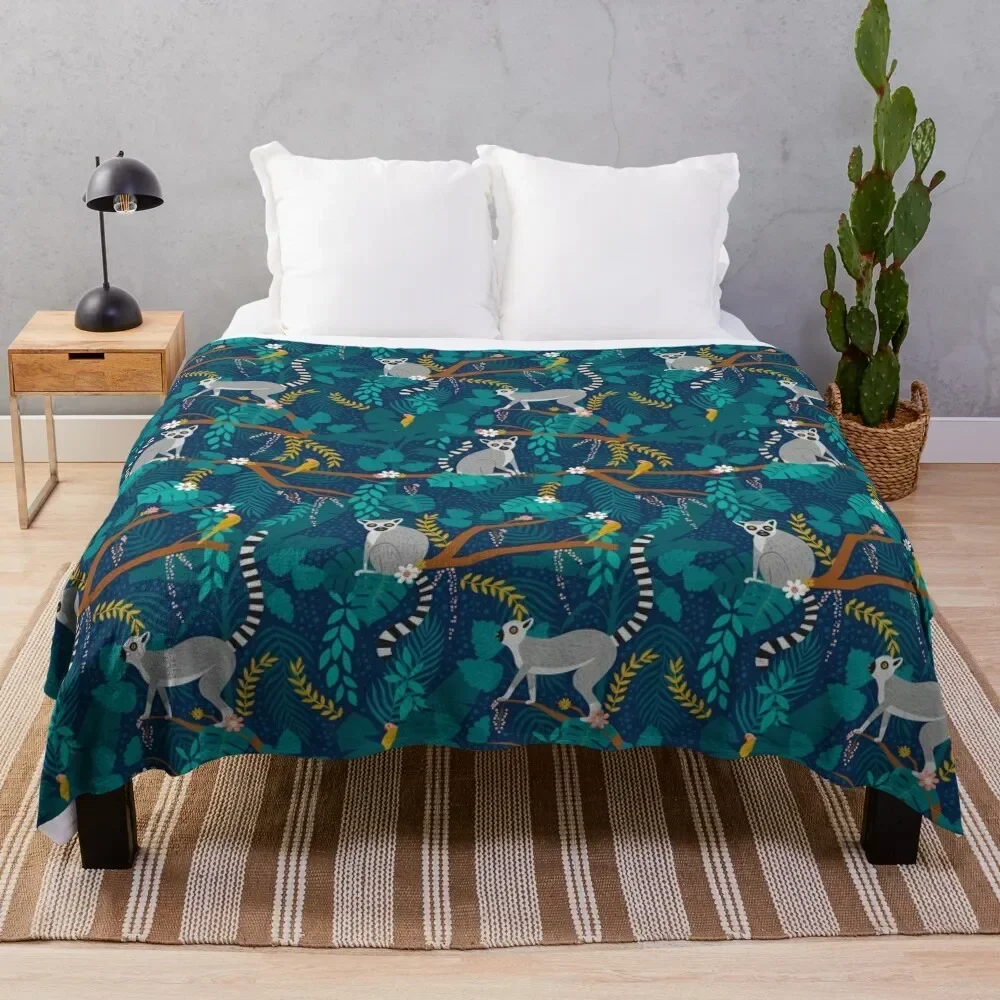 

Lemurs in a Blue Jungle Throw Blanket Travel Decorative Beds Softest Blankets