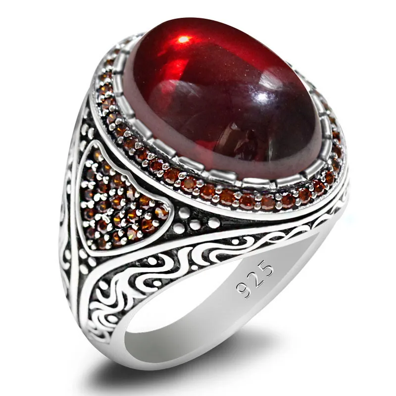 New S925 Sterling Silver Türkiye Women\'s Handmade Ring AAA Red Zircon Vintage Fashion Party Luxury Christmas Jewelry Gift