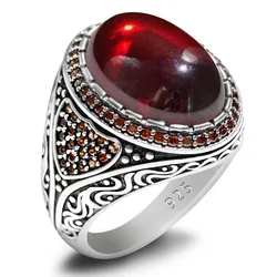 New S925 Sterling Silver Türkiye Women's Handmade Ring AAA Red Zircon Vintage Fashion Party Luxury Christmas Jewelry Gift