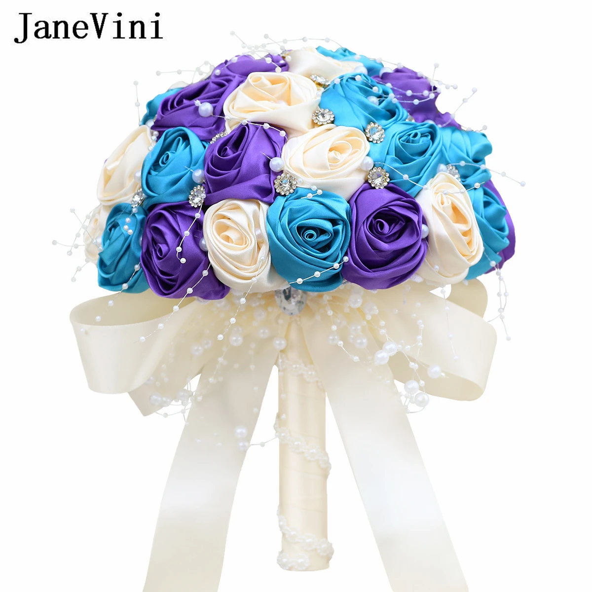 Janevmini-結婚のための孔雀の花束,青と紫,真珠,クリスタル,ラインストーン,人工の花嫁の花,ブライダルの花束