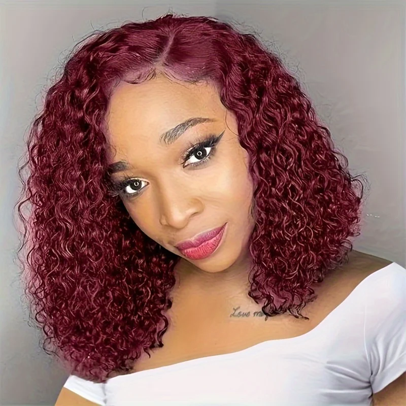 Perruque Bob Lace Front Wig naturelle bouclée, cheveux humains, 13x4, 99J, pre-plucked, avec baby hair, densité 180%