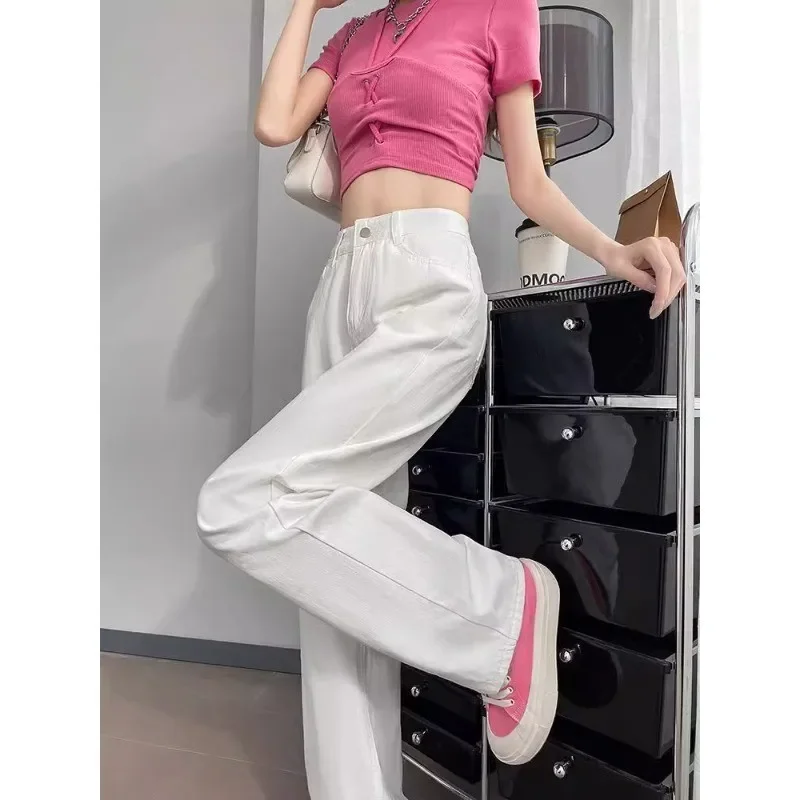White Wide Leg Jeans Women's Fashionable High Waist Slimming Loose Plus Size Big MM Narrow Version Drapey Straight Long Pants