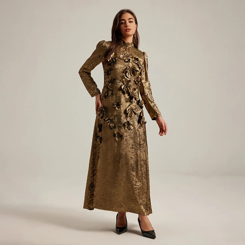 Luxury Runway French Autumn Golden 3D Floral Appliques Party Long Dress Elegant Women Stand Collar Lace Up Evening Robe Vestidos