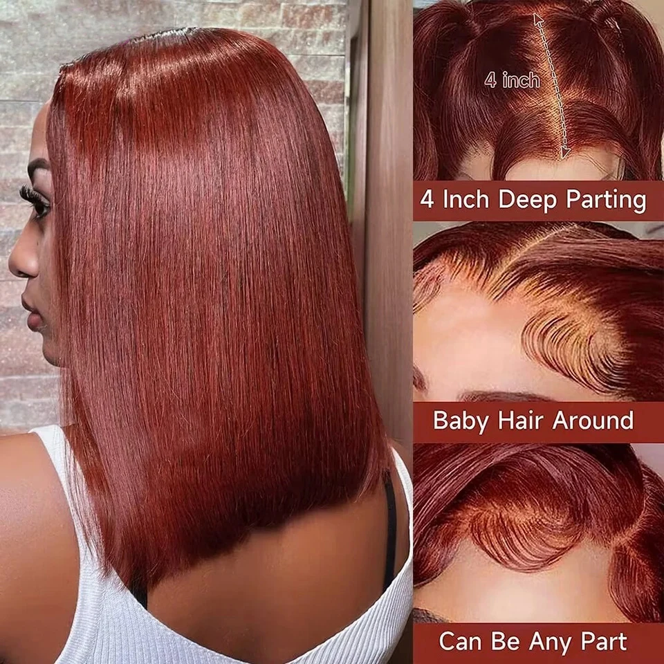 Red Brown Straight Bob Wig 13x1 Lace Front Wigs For Women Brazilian Human Hair #33 Colored On Sale Clearance Wigs Pre Plucked