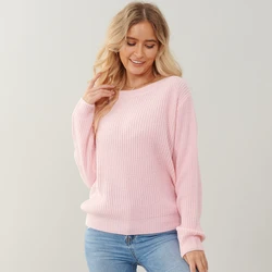 Women's Long Sleeve O-Neck Knitted Pullover, Pink Sweater, Sweet Lady Jumper, Female Fashion, Winter, Autumn, 2024