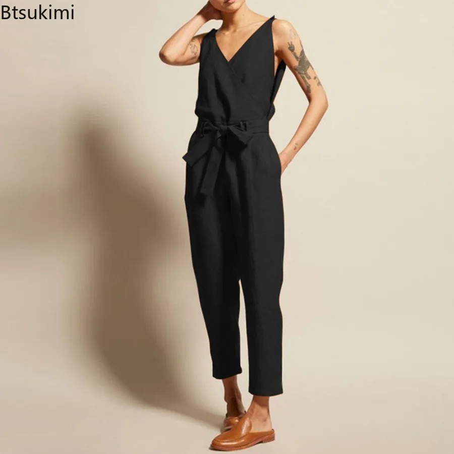 2025 Summer Women Fashion Sleeveless Solid Simple Loose Jumpsuits Women's Elegant Office Comfortable Trousers New Long Jumpsuit