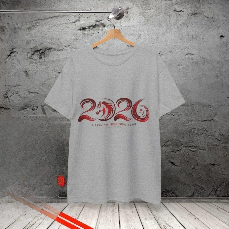 سنة الحصان 2026 للجنسين قميص السنة القمرية الجديدة الصينية زودياك رسائل بسيطة مطبوعة القطن قمم تي شيرت Crewneck موضة تيز #4