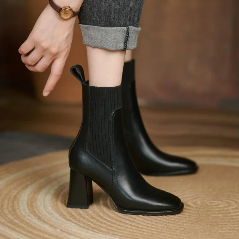 2024 Fall New Fashiong French Retro Square Toe Women Shoes High Heeled Knitted Short Boots Temperament Thick Heeled Socks Boots