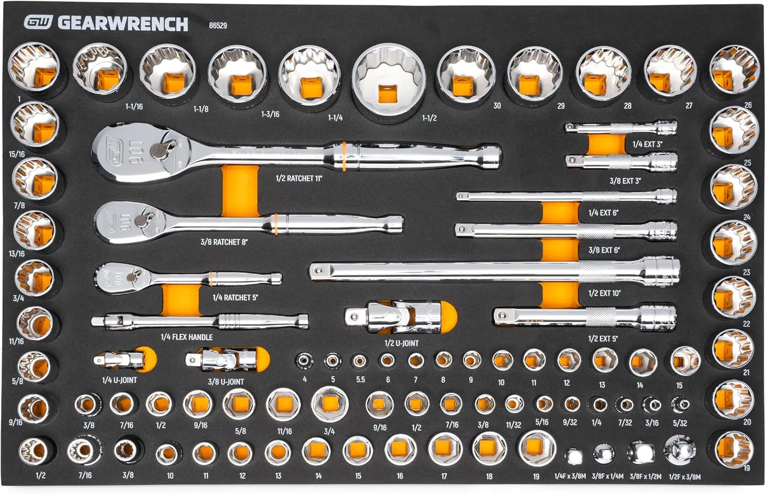 

GEARWRENCH 83 Pc. 1/4, 3/8", 1/2" 90-Tooth SAE/Metric Mechanics Tool Set with EVA Foam Tray - 86529