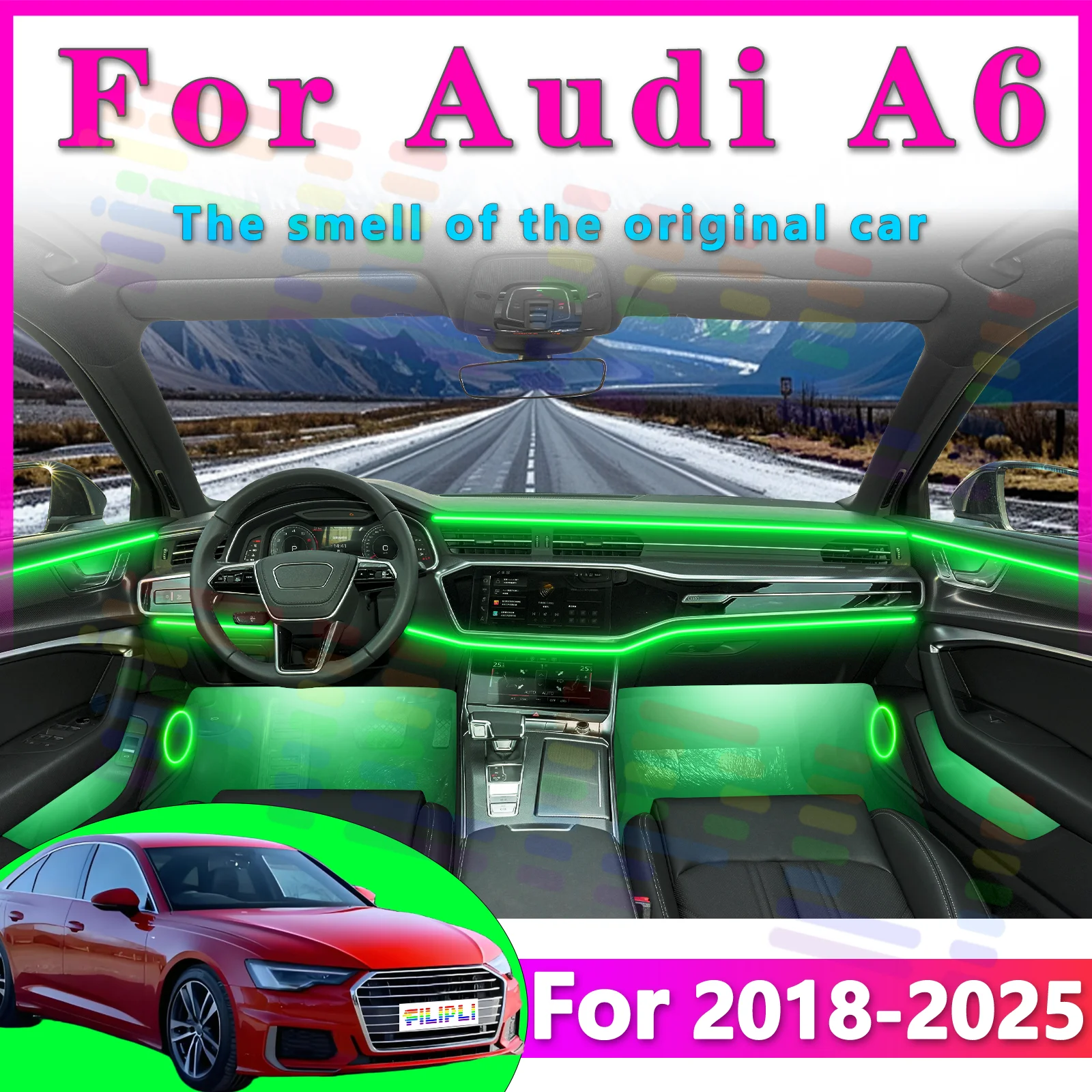 For Audi A6 2018-2025 Car Interior RGB LED Atmosphere Light Strip Fiber Optic Neon Invisible Ambient Lamp APP Decoration Trim