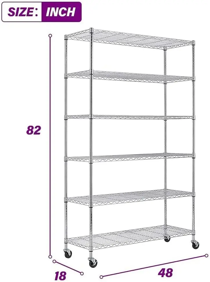 48"L×18"W×82"H Wire Shelving Unit Storage Cart Metal Shelf Rolling Utility Cart 2100Lbs Capacity with 6 Tier Casters Adjustable image 3