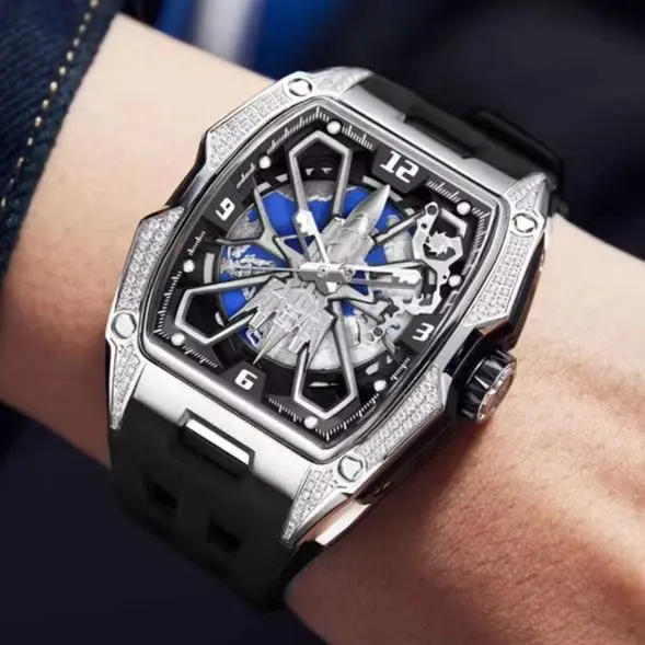 HANBORO Men Automatic Watch Tonneau Mechanical Wristwatch Waterproof Luminous Rotatable Planet A Grid Each Day