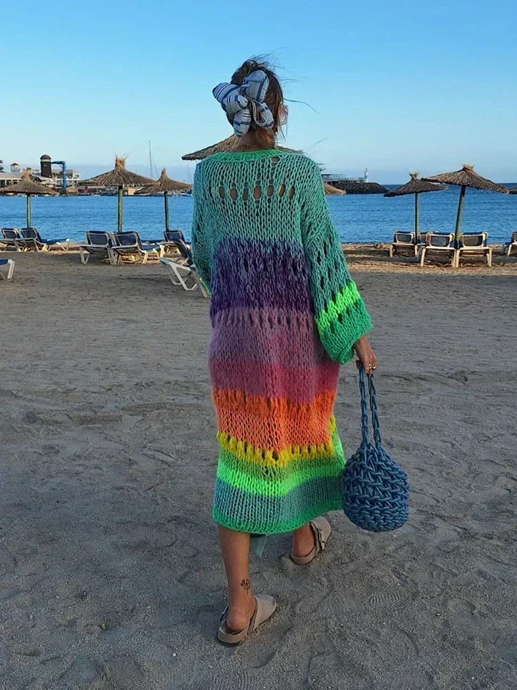 Luxuriously Handknit Boho Colorful Coat Bell Sleeve Crochet Kimono Cardigan 2024 Fall Winter Knit Beach Dress Women Cover Up K12