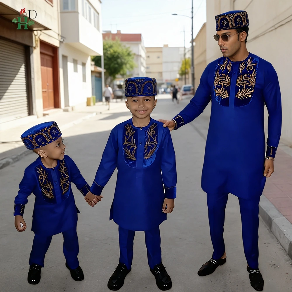 

2026 африканская одежда для мужчин, традиционные комплекты Agbada, 2 предмета для мальчика, брюки с вышивкой, свадебная вечеринка, костюм для папы и сына, большие размеры