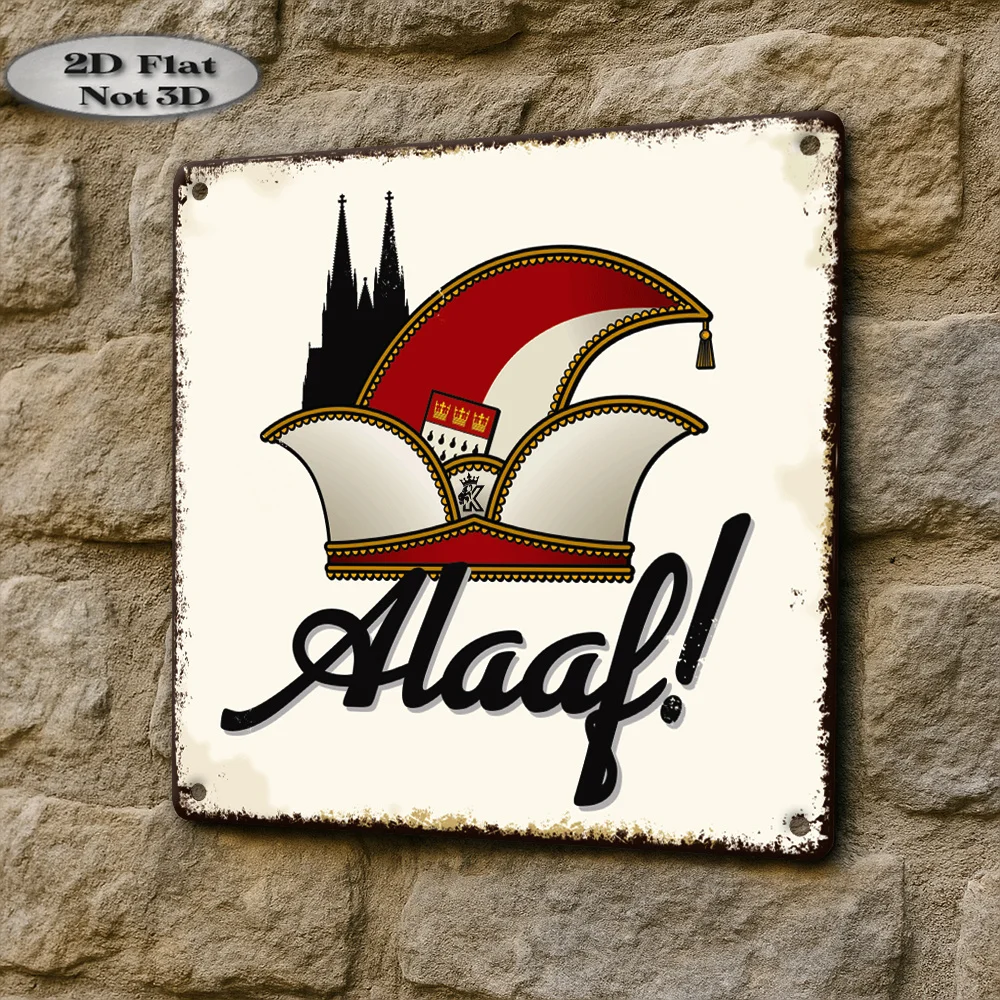 Letrero Metálico Plano 2D, Letrero Vintage de Aluminio del Carnaval Alemán Alaaf, 7.9"X7.9", Decoración de Pared con Sombrero de Carnaval de Colonia Colorido