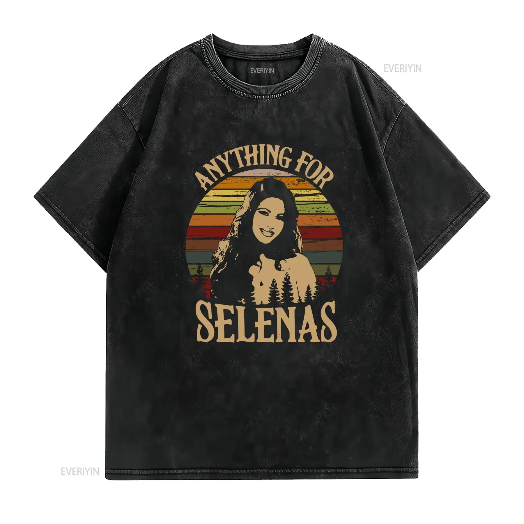 Vintage Retro Anything For Selenas Singer Portrait Sunset Striped Print Casual T Shirt vintage Washed Slightly streetwear