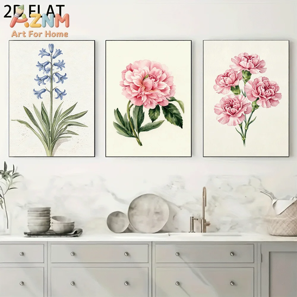 AZNM Frameless Canvas Wall Art, Watercolor Botanical Bluebell Peony Carnation Print, Vintage Floral Flower Art Wall Decor for Li