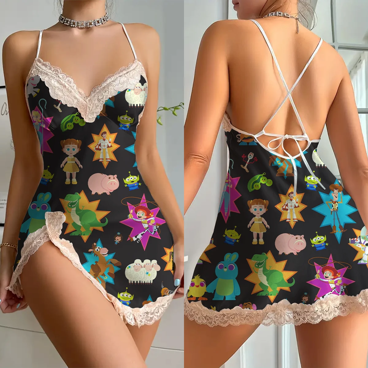 

Summer Women Fashion Lace Sexy Suspender Disney Buzz Lightyear Print U Neck Spaghetti Strap Pajamas Comfortable Home Clothes