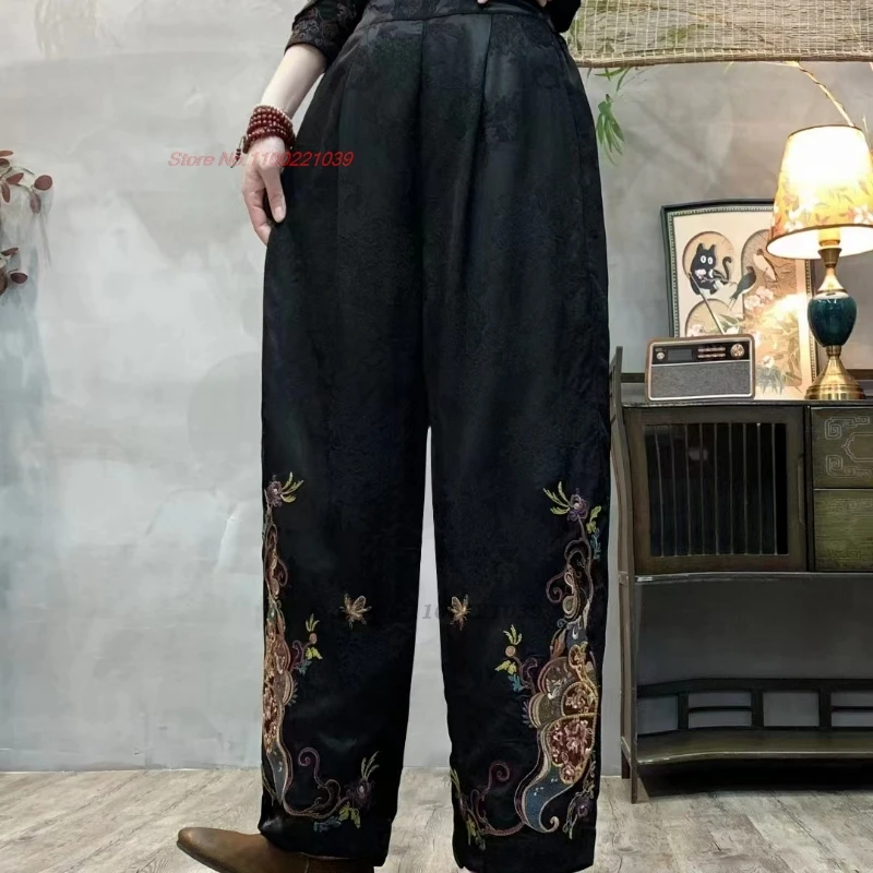 2024 calças vintage chinesas flor nacional bordado cetim jacquard calças cintura elástica calças folclóricas soltas perna larga pantalones