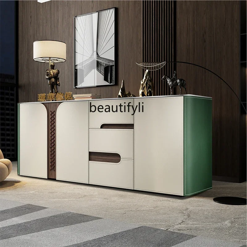 

ss25 High-end custom living room entrance dining side cabinet bedroom locker saddle leather light luxury modern rock slab cabine