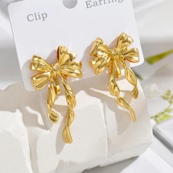 2024 High Quality Simple Fashion Gold Large Bowknot Clip on Earrings No Piercing for Women Metal Cute Bow Dangle  Jewelry Gift