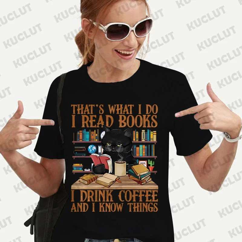 Shirts for Women Clothing Cute Cat Book Shirt That's What I Do I Read Books I Drink Coffee Graphic Tees Book Lover T-shirts Tops