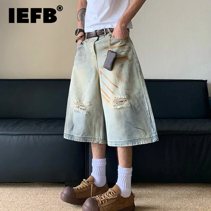 IEFB Mud Dyed Washed Worn Out Hole Straight Denim Pants Summer 2024 Wide Leg Contrast Color Male Shorts Casual 2024 24E1065