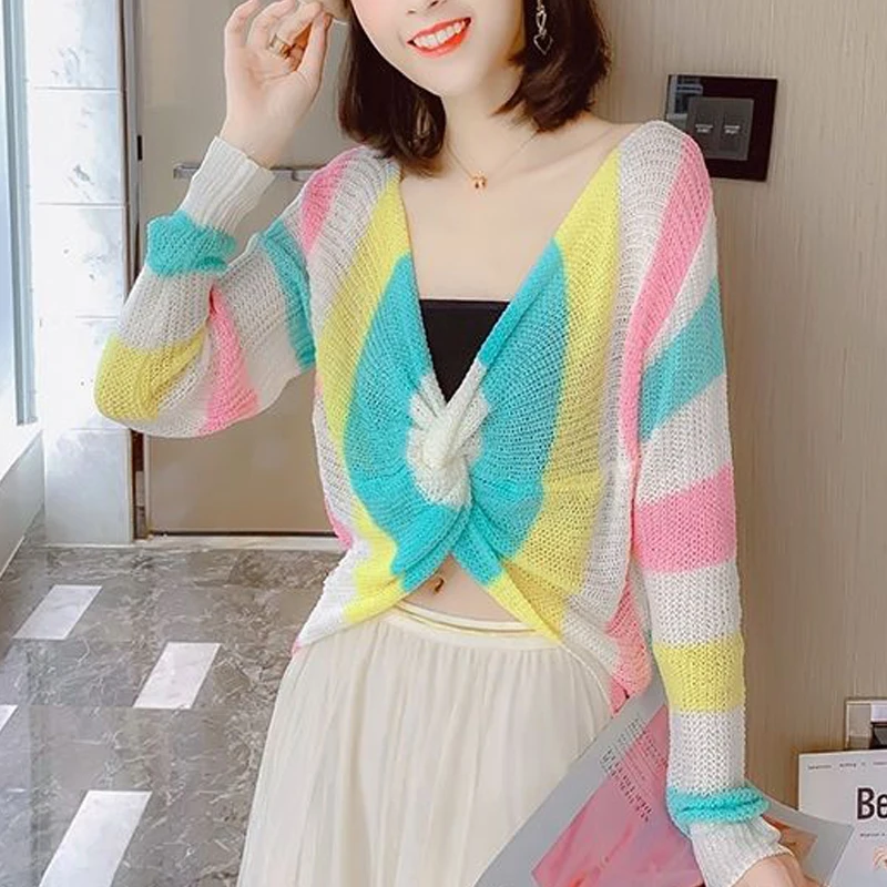 Women Stylish Rainbow Striped Sexy Backless Hollow Chic Short Knitted Sweater Sweet Fairy V Neck Long Sleeve Slim Pullover Tops