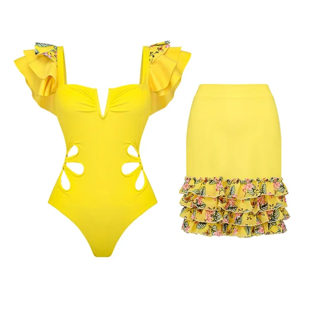 

Women's Swimsuit One Piece with Jupe Swimwear Beach Dress Luxury Bikini Designer Bathing Suit Beache Sarong in Yellow