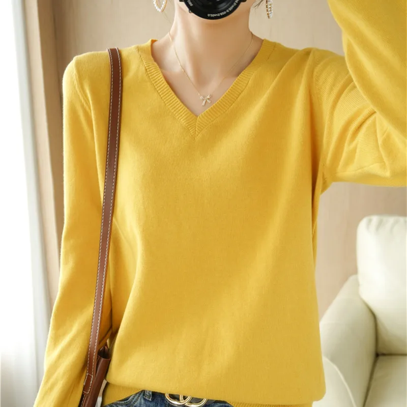 2024 Autumn/Winter Women\'s Peach V-neck Knitted Sweater 100% Long Staple Cotton Korean Edition Fashion Versatile Elegant Top SMY