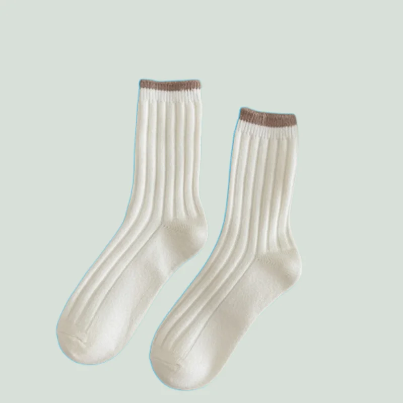 

3/6 Pairs Autumn and Winter New Wool Socks Thick Warm Japanese Vertical Striped Stacked Socks Solid Color Women's Middle Socks