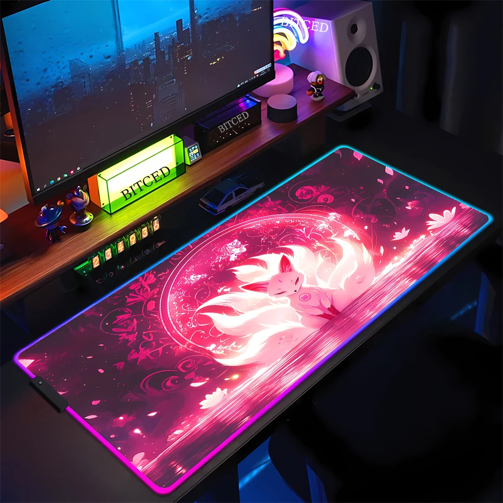 Large LED Desk Mat XXL Kawaii Fox RGB Computer Mousepad 90x40cm Backlight Keyboard Mat Table Carpet Gaming Mouse Pad Mausepads