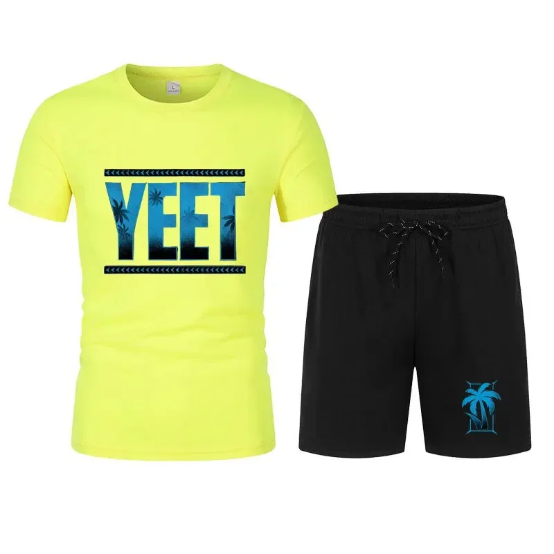 

Conjunto de camiseta y pantalones cortos negros Jey Uso Yeet para hombre, conjunto de ropa informal holgada de manga corta para