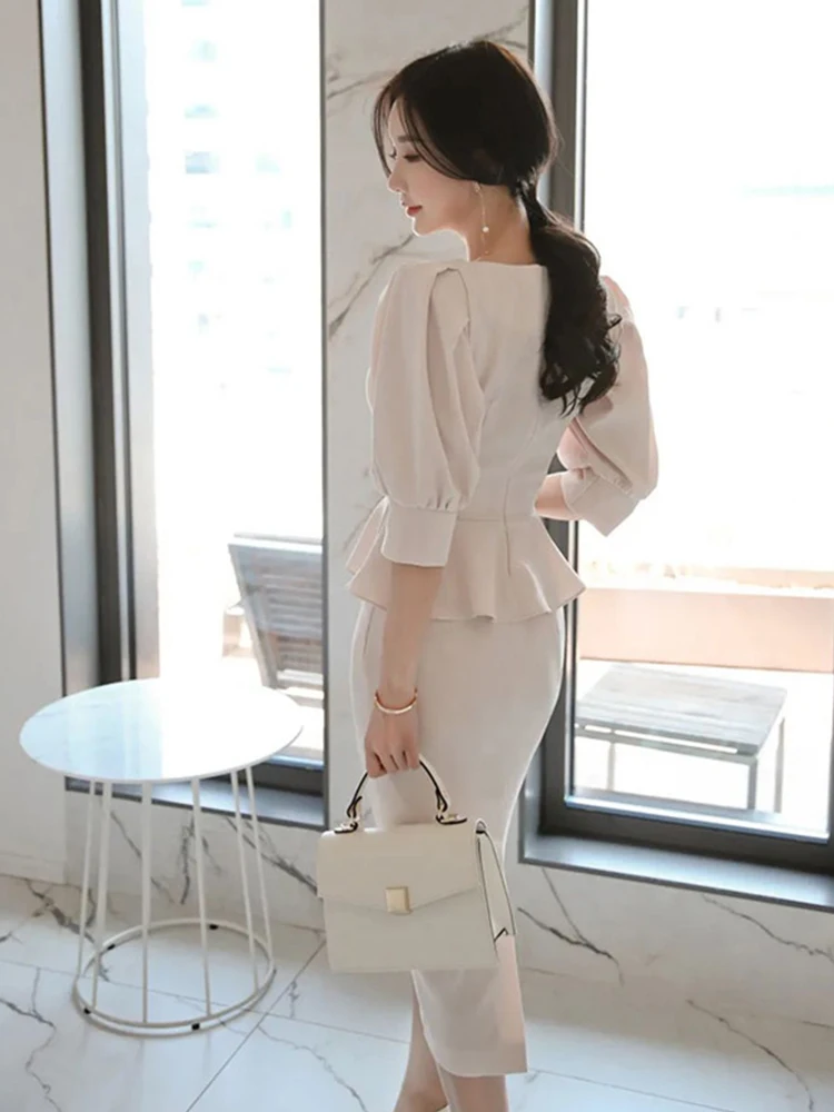 Summer Women Work Style abito formale a matita elegante ufficio pendolare dolce scollo a v Ruffle Slim Midi Mujer Vestidos Street Clothes