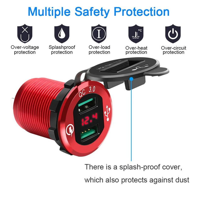 Szybkie ładowanie 3.0 gniazdo USB do ładowarki, 12V/24V podwójna listwa sieciowa USB samochodowa wodoodporna zapalniczka z woltomierzem LED
