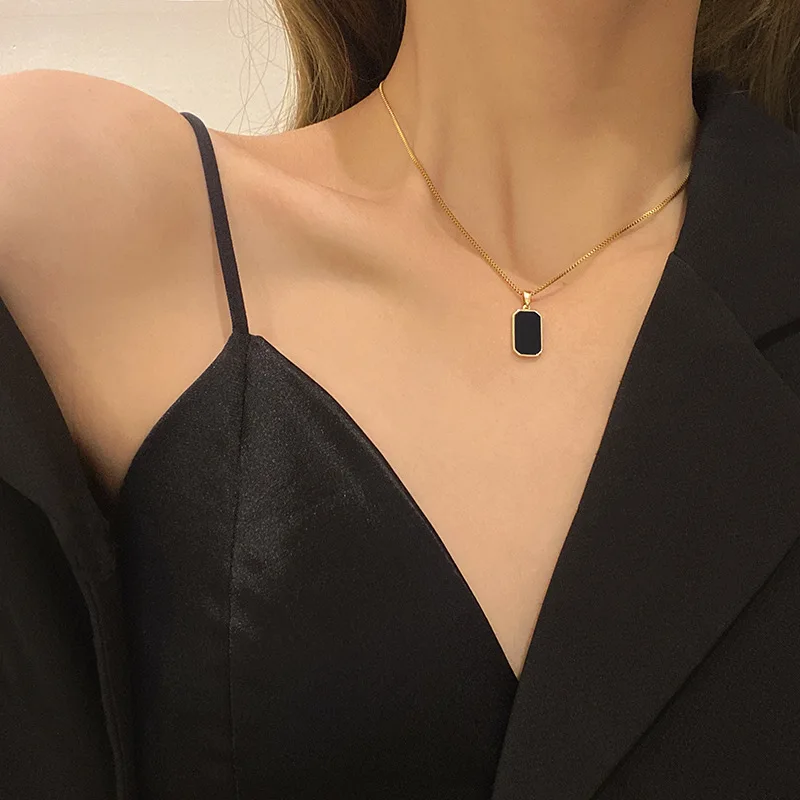 Stainless Steel Minimalist Square Pendant Korean Black Enamel Women's Gold Color Vintage Necklace Exquisite Long Jewelry Gift