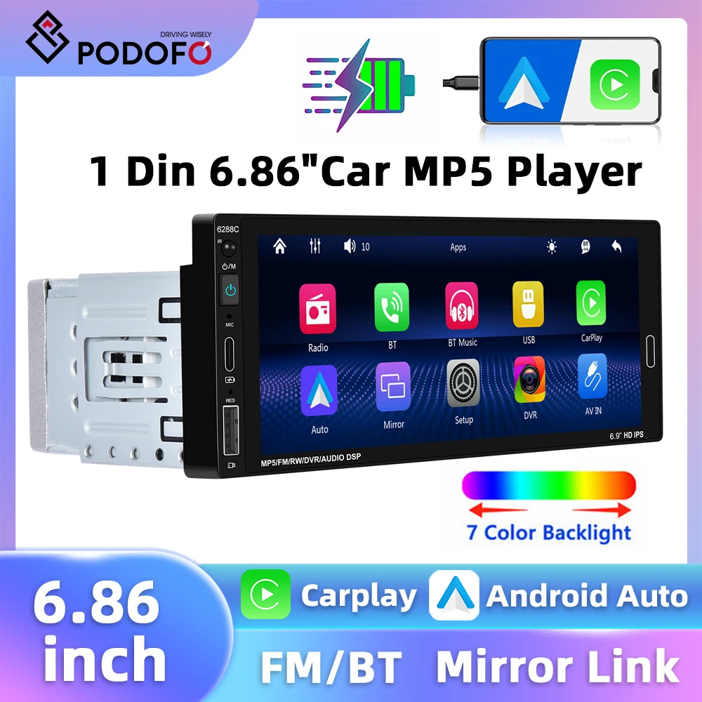 Podofo 1Din 6.86'' Touch Screen MP5 Player Carplay Android Auto Mirror Link Multimedia Player FM Radio AUX Bluetooth Car Stereo