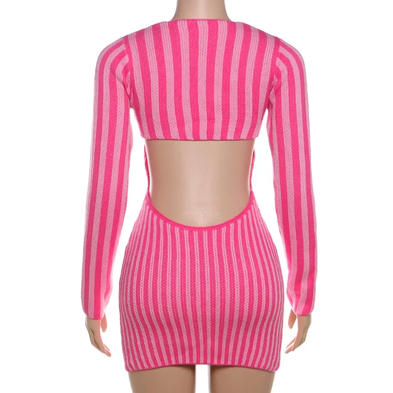 Mini abito aderente lavorato a maglia a righe sexy senza schienale da donna con scollo a V manica lunga alta elasticità slim casual streetwear party clubwear