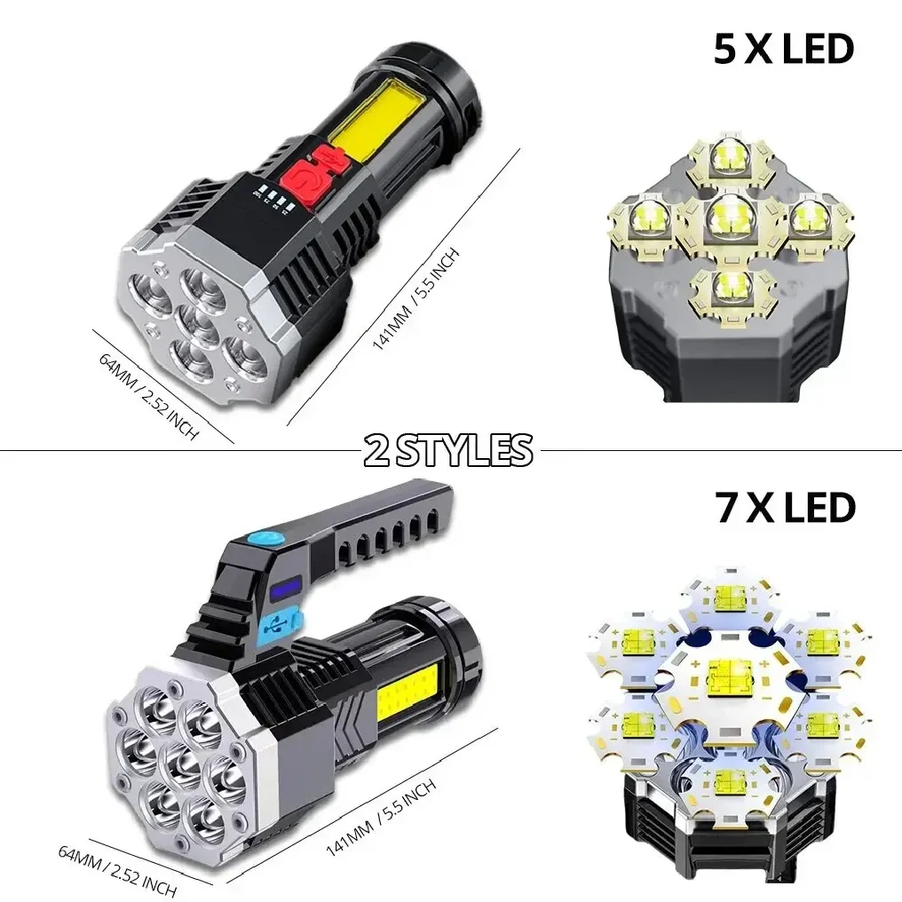 2025 high-power rechargeable LED flashlight, 7LED camping equipment flashlight with Cob side light, lightweight outdoor lighting