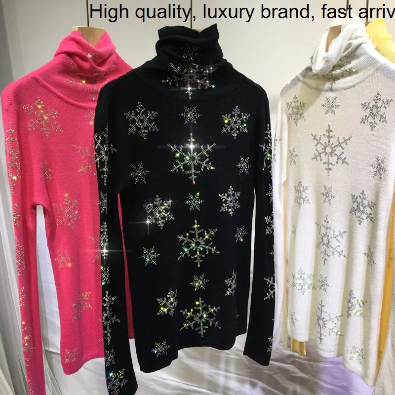 Water Drill Blingbling Snowflake High Collar Pullover Top Women Stretch Slim Cotton Basic Knitted Shirt Autumn Winter Sweaters