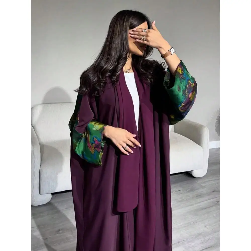 Women Loose Abaya + Hajib Two Pieces Islamic Kaftans Maxi Dresses Full Sleeve Tie-dye Jilbabs Muslim Elegant Open Front Abayas