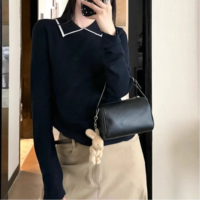 Estilo coreano bloco de cor gola polo camisola de malha das mulheres outono inverno novo estilo camisola fino ajuste design sentido camada base topo