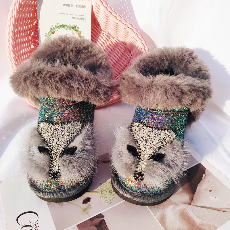 Large size handmade original fox head children's snow boots Girls plus fleece sequin cotton boots baby winter shoes cover feet n